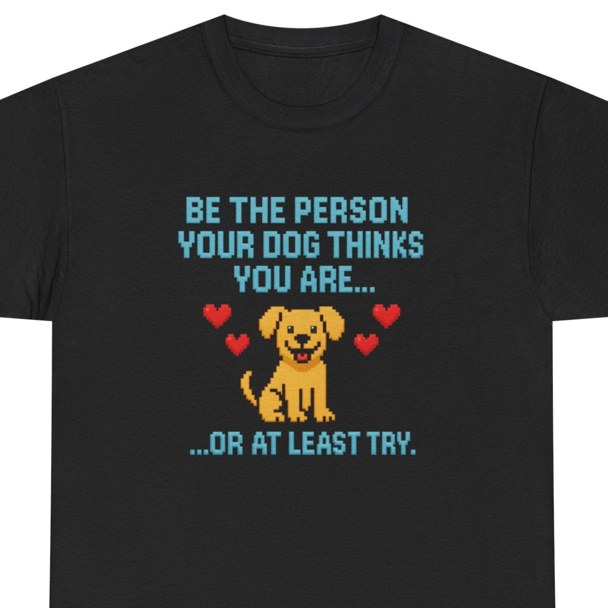 Black t-shirt with a dog graphic and text on a white background