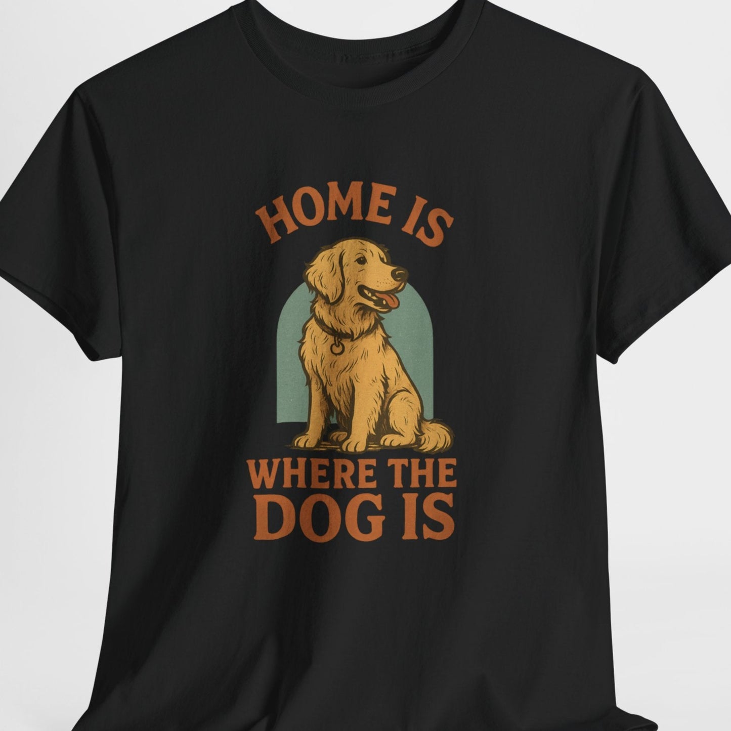 Black t-shirt with a dog graphic and text 'Home is where the dog is' on a white background
