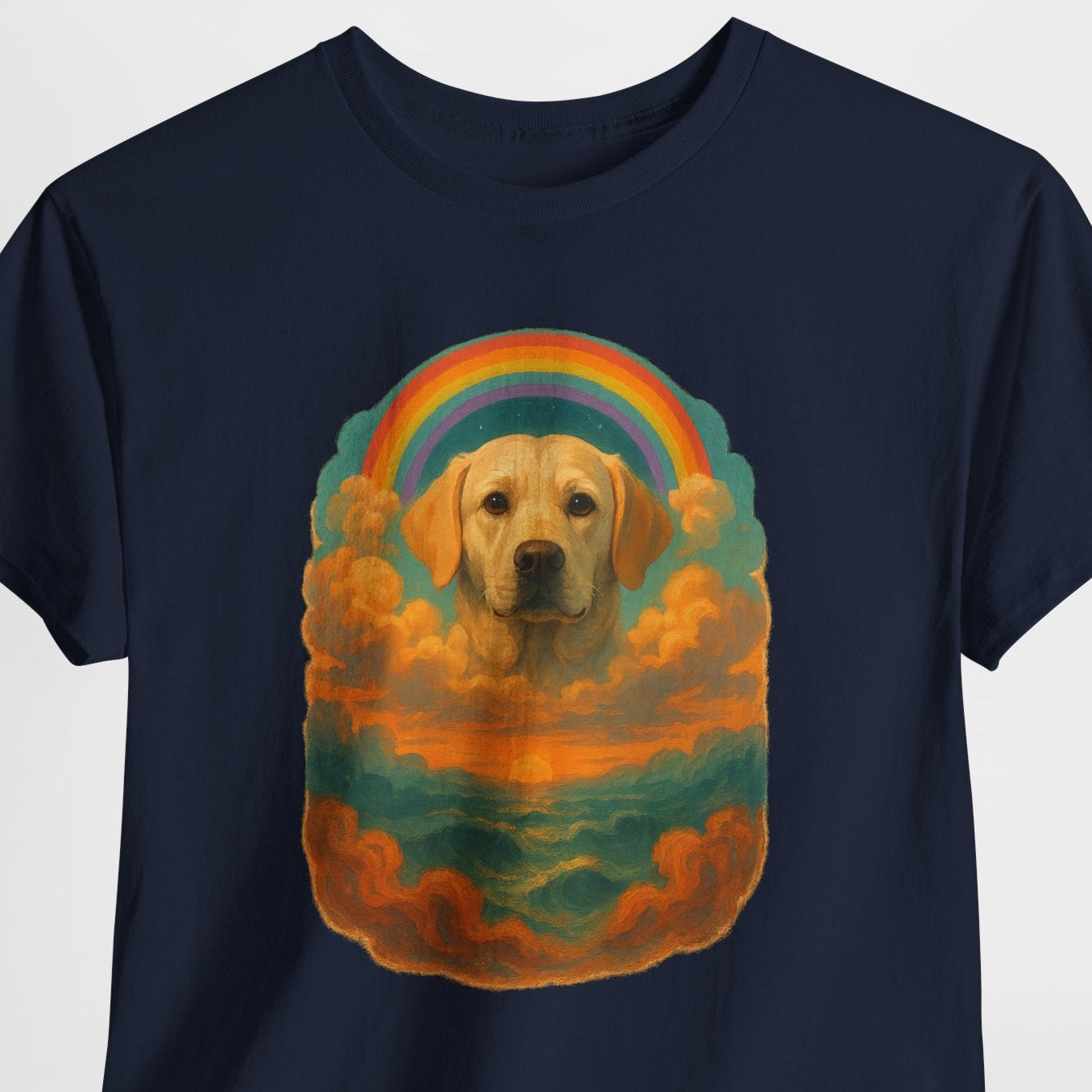 Navy blue t-shirt with a dog in a rainbow and cloud design on a light gray background