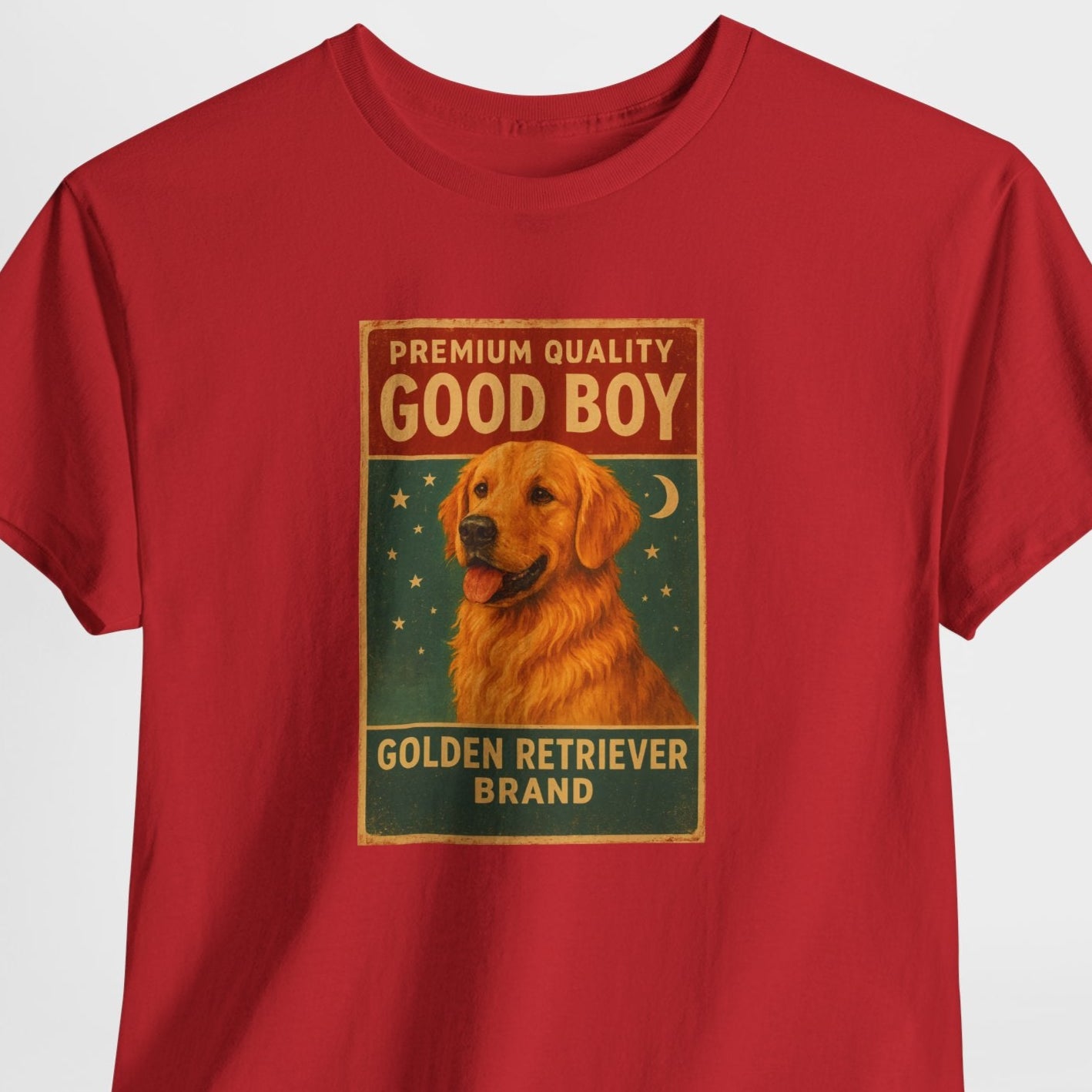 Red t-shirt with a graphic of a Golden Retriever and text on a white background