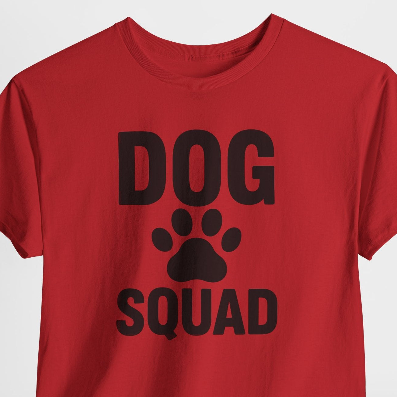 Red t-shirt with 'DOG SQUAD' text and paw print on a white background