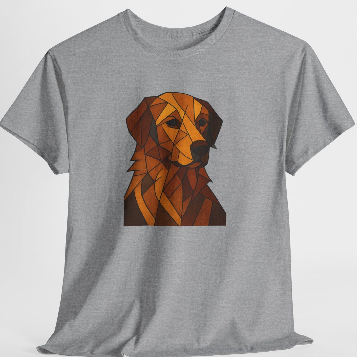 Gray t-shirt with a geometric dog design on a white background