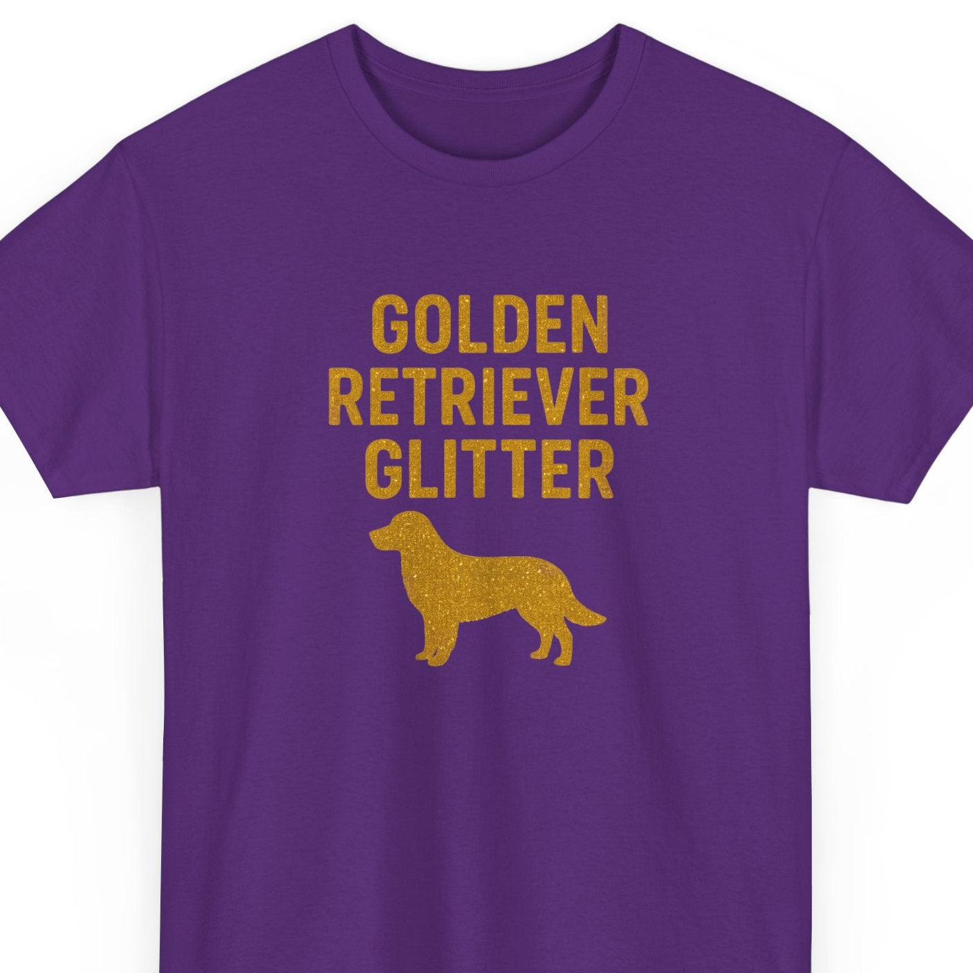 Purple t-shirt with 'Golden Retriever Glitter' text and silhouette on a white background