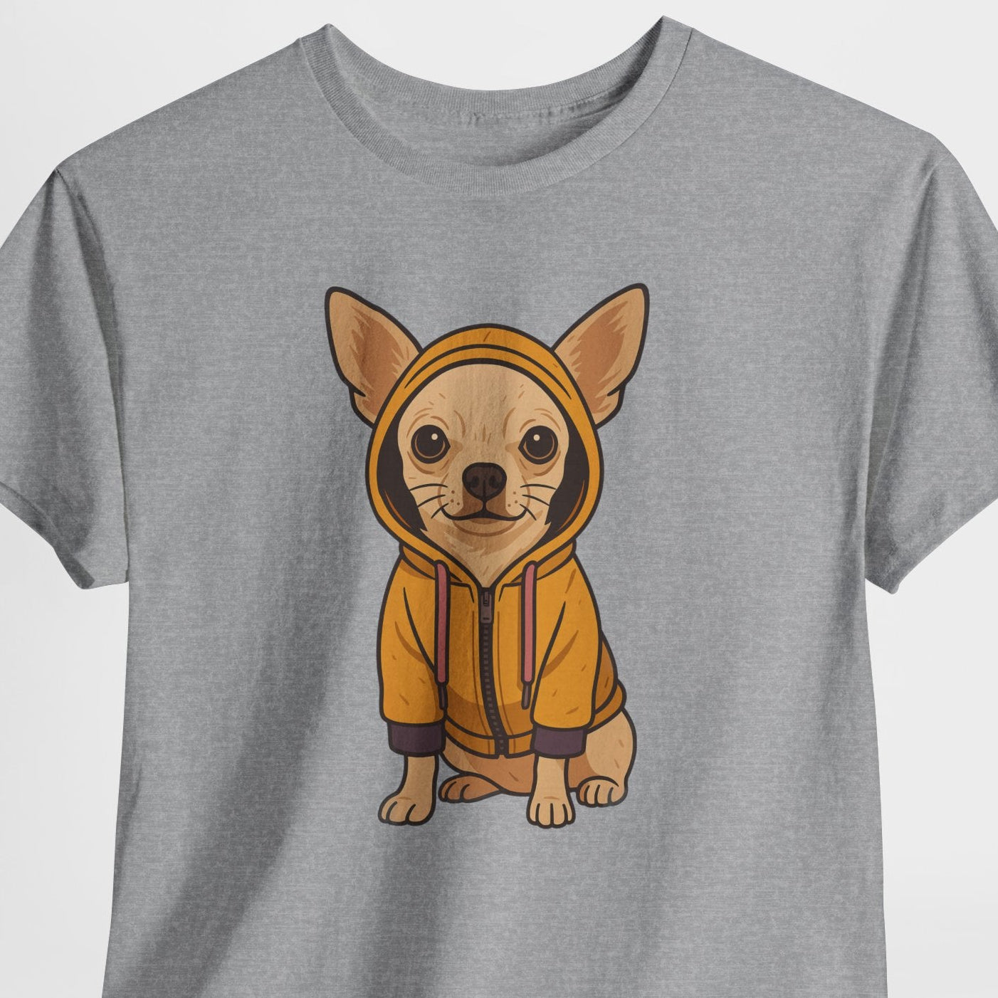 Gray t-shirt with a cartoon dog in an orange hoodie on a white background