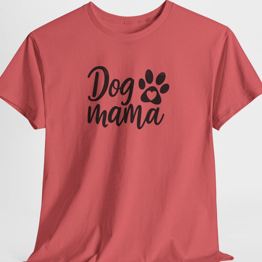 Red t-shirt with 'Dog Mama' text and paw print on a white background