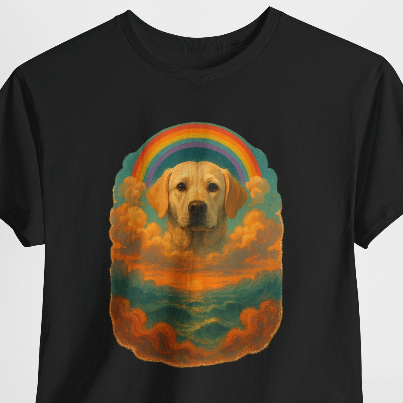 Black t-shirt with a dog and rainbow design on a white background