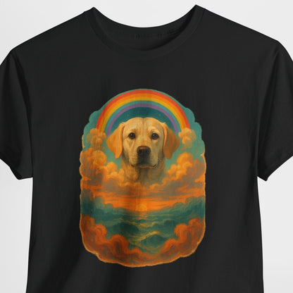 Black t-shirt with a dog and rainbow design on a white background