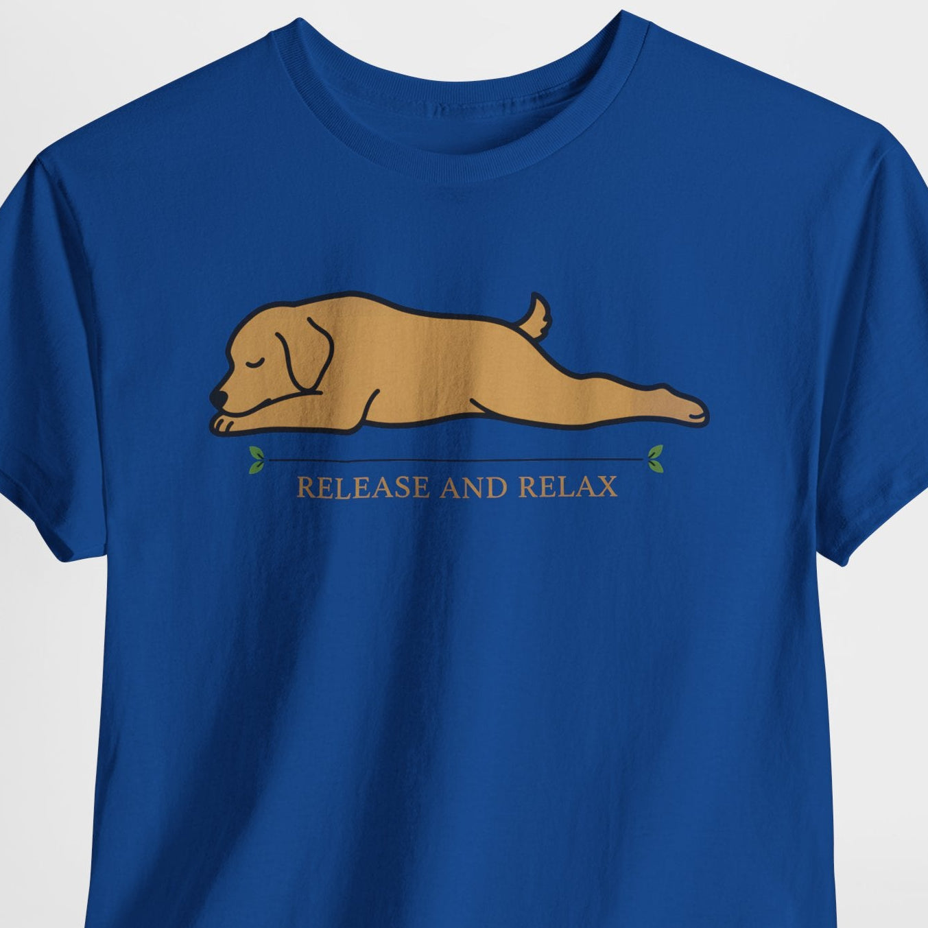 Blue t-shirt with a dog graphic and 'Release and Relax' text on a white background