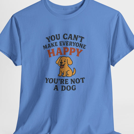 Blue t-shirt with a humorous design featuring a dog and text on a white background