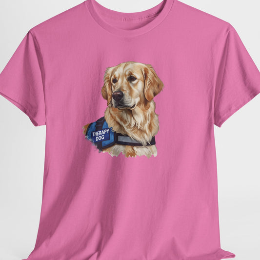 Pink t-shirt with a graphic of a therapy dog on a white background