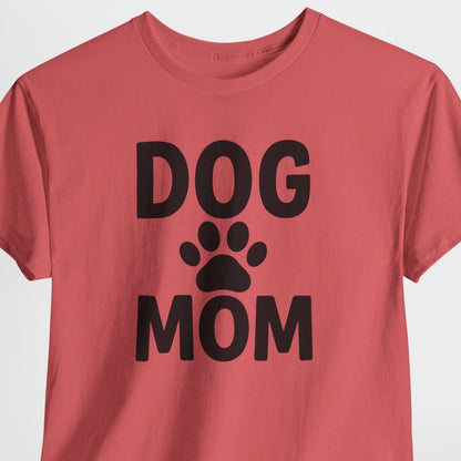 Red t-shirt with 'DOG MOM' text and paw print on a light gray background