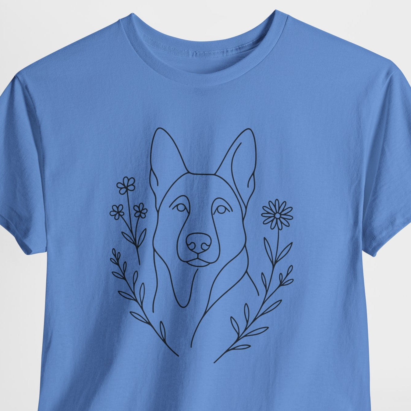 Blue t-shirt with a dog illustration on a white background