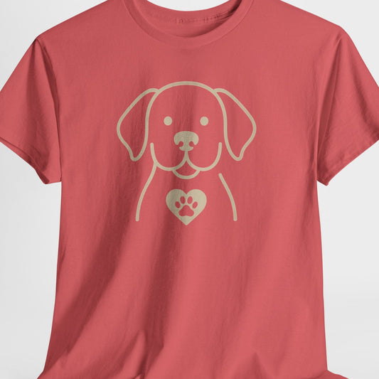 Red t-shirt with a dog illustration and heart on a white background