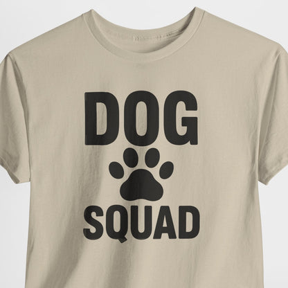 Beige t-shirt with 'DOG SQUAD' text and paw print on a white background