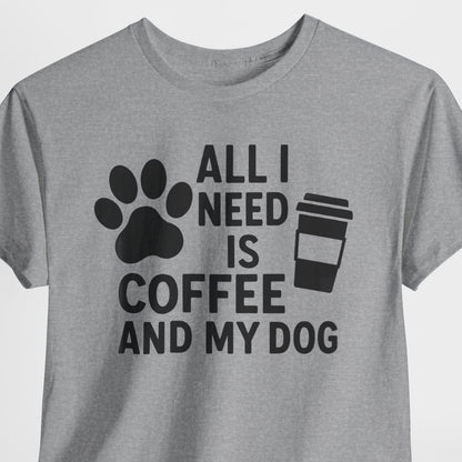 Gray t-shirt with 'All I Need is Coffee and My Dog' text and graphics on a white background