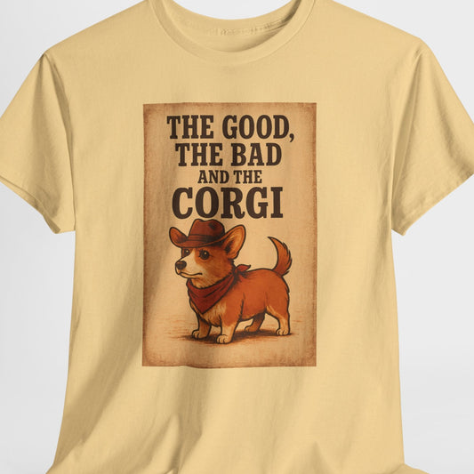 Beige t-shirt with a graphic of a corgi and text on a white background