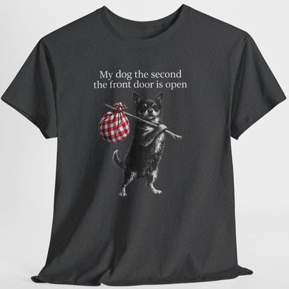 Black t-shirt with a graphic of a dog holding a bag and text on a white background