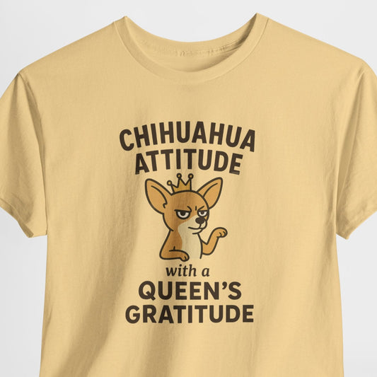 Beige t-shirt with a graphic of a chihuahua and text on a white background