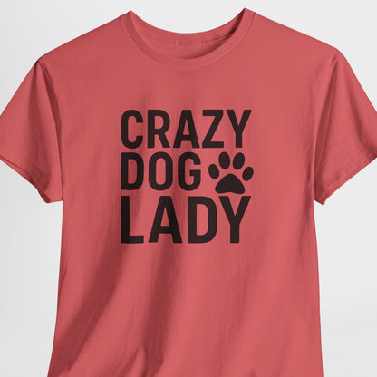 Red t-shirt with 'Crazy Dog Lady' text on a white background