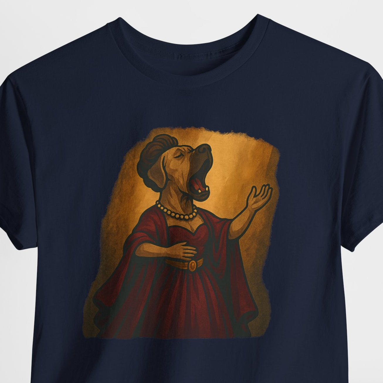 Navy blue t-shirt with a graphic of a dog in a red dress on a white background