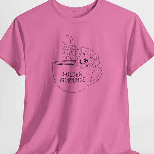 Pink t-shirt with a graphic of a dog in a coffee cup and 'Golden Mornings' text on a white background