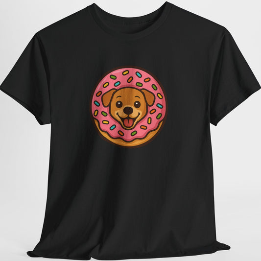 Black t-shirt with a dog on a donut graphic on a white background