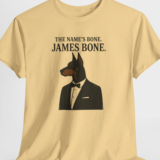 Beige t-shirt with a dog in a suit graphic and text on a white background
