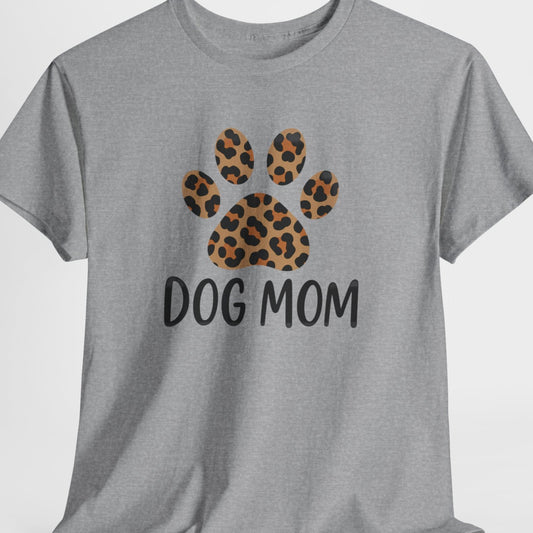 Gray t-shirt with leopard print paw and 'DOG MOM' text on a white background