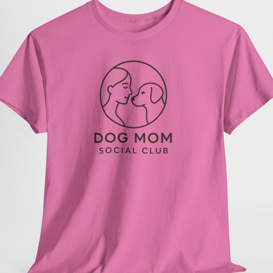 Pink t-shirt with 'Dog Mom Social Club' logo on a white background