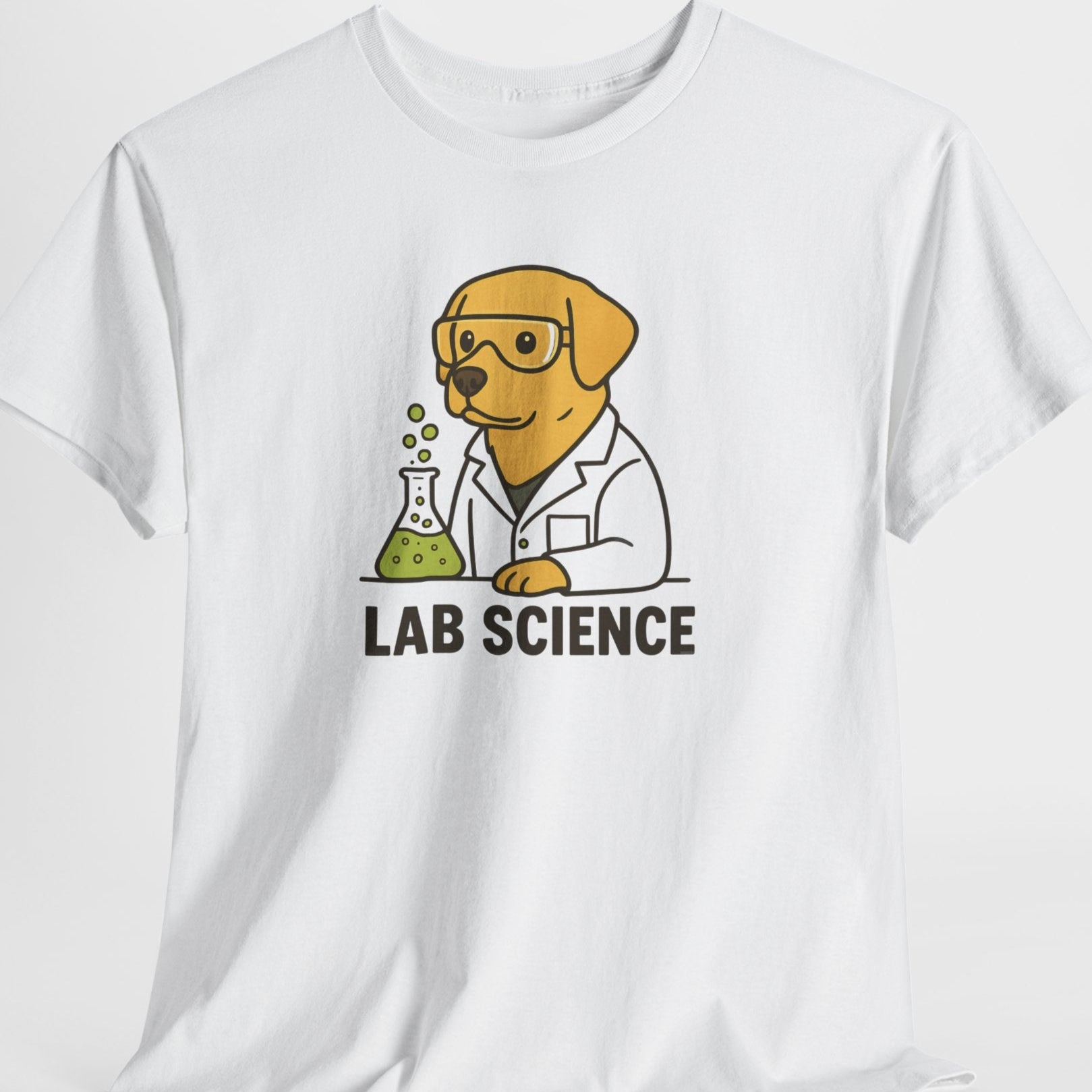 White t-shirt with a cartoon dog in a lab coat and goggles holding a beaker, labeled 'Lab Science' on a white background.