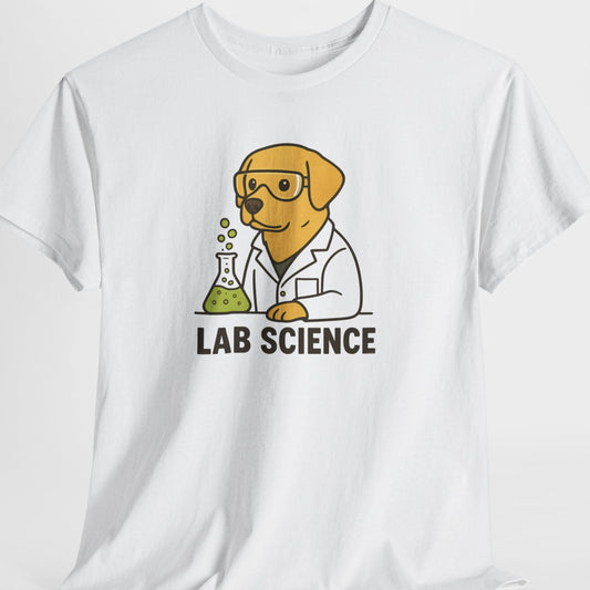 White t-shirt with a cartoon dog in a lab coat and goggles holding a beaker, labeled 'Lab Science' on a white background.