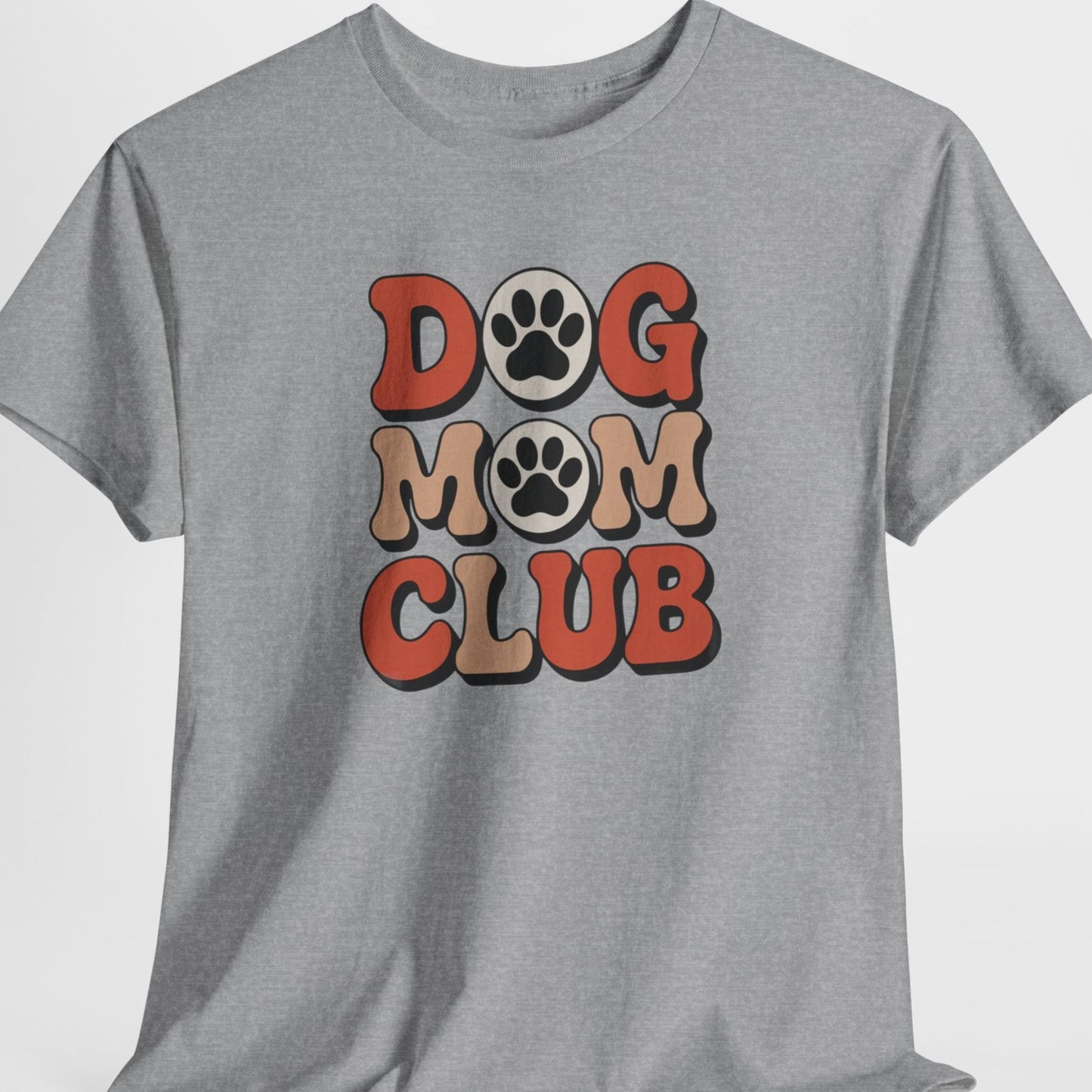 Gray t-shirt with 'Dog Mom Club' text and paw prints on a white background