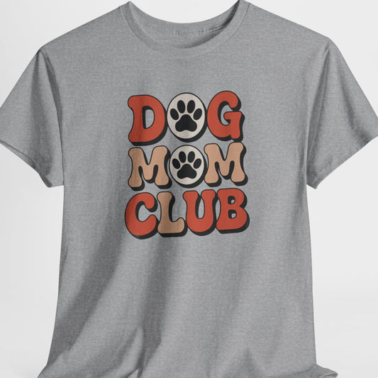 Gray t-shirt with 'Dog Mom Club' text and paw prints on a white background