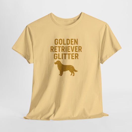 Beige t-shirt with 'Golden Retriever Glitter' text and silhouette on a light gray background
