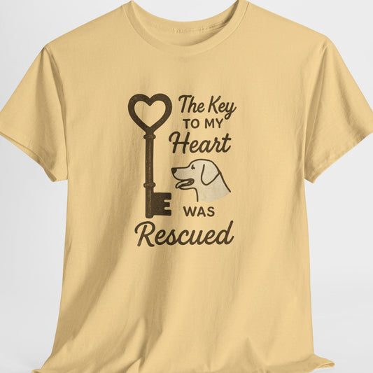 Beige t-shirt with a graphic and text on a white background