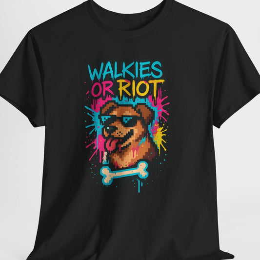 Black t-shirt with colorful graphic design featuring a dog and text on a white background