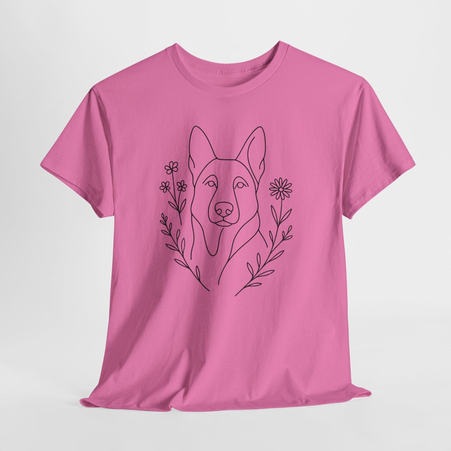 Pink t-shirt with a dog and floral design on a white background