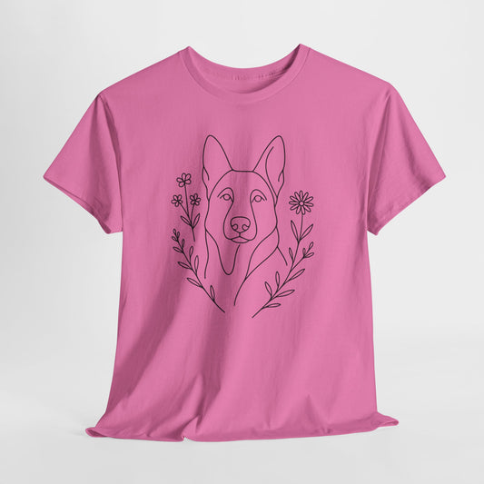 Pink t-shirt with a dog and floral design on a white background