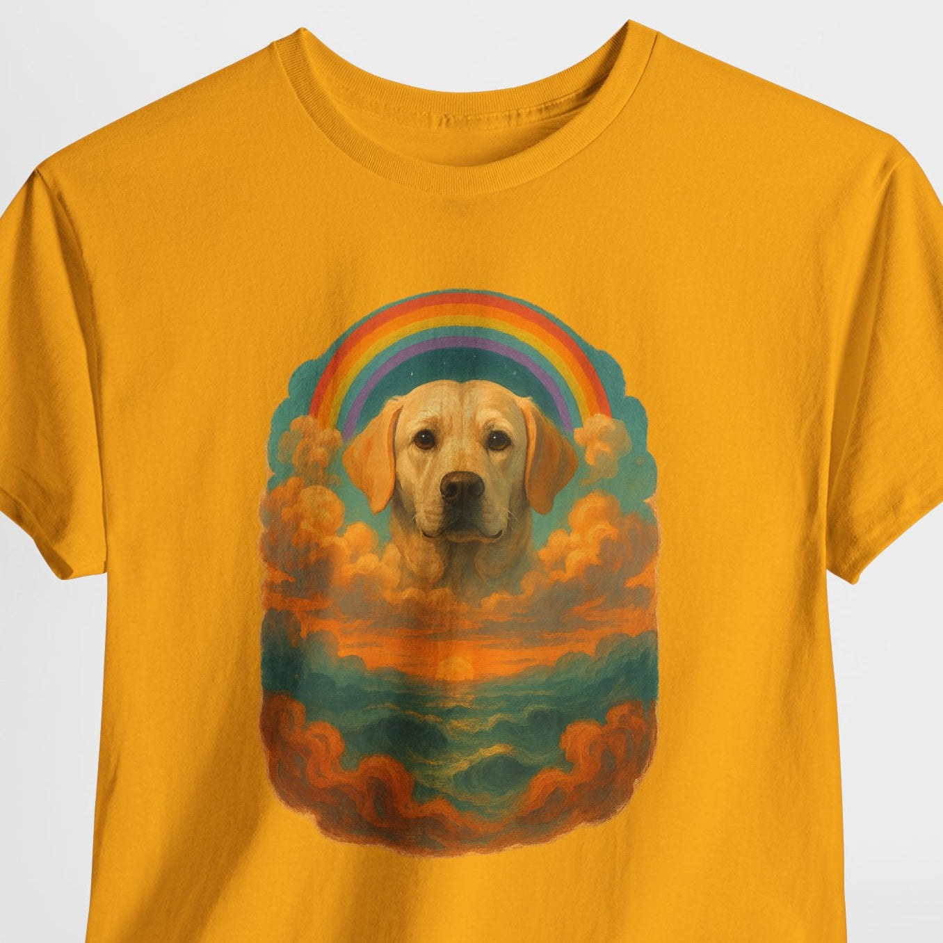 Yellow t-shirt with a dog and rainbow graphic on a white background