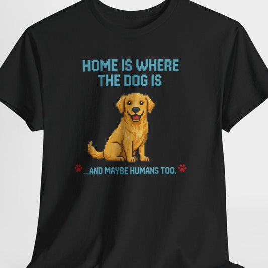 Black t-shirt with a graphic of a dog and text on a white background