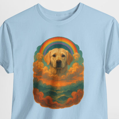 Light blue t-shirt with a dog and rainbow design on a white background