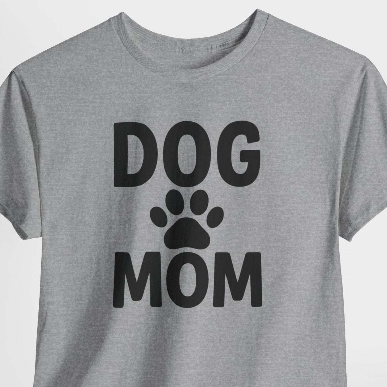 Gray t-shirt with 'DOG MOM' text and paw print on a white background