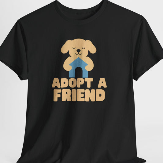 Black t-shirt with a dog graphic and 'Adopt a Friend' text on a white background