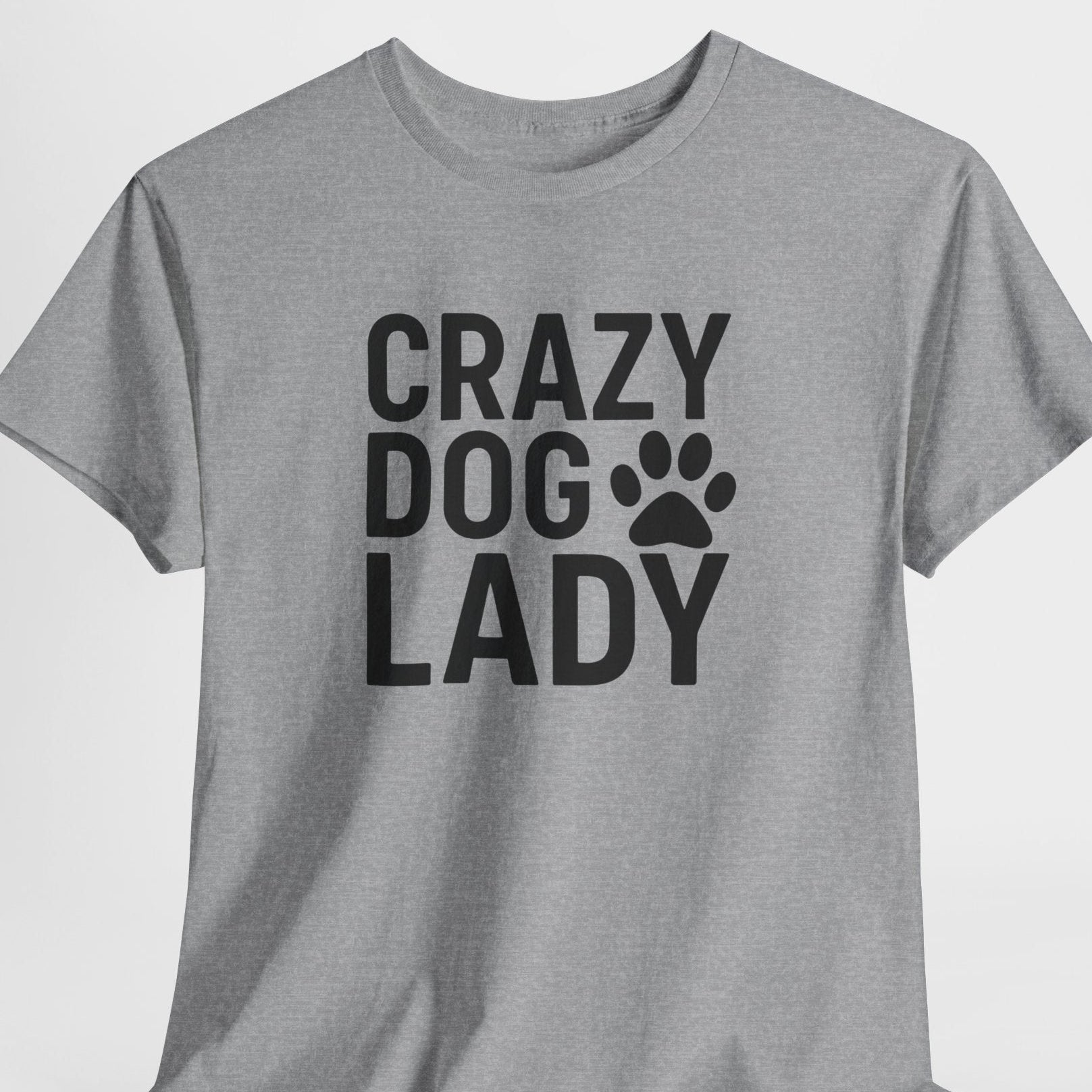 Gray t-shirt with 'Crazy Dog Lady' text on a white background
