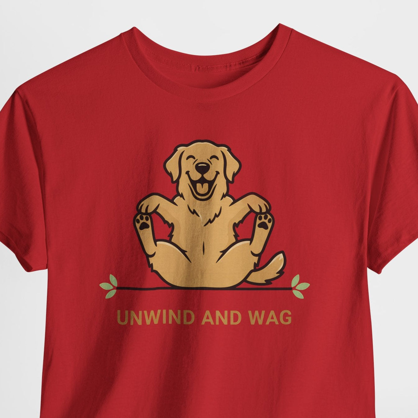 Red t-shirt with a dog graphic and 'Unwind and Wag' text on a white background