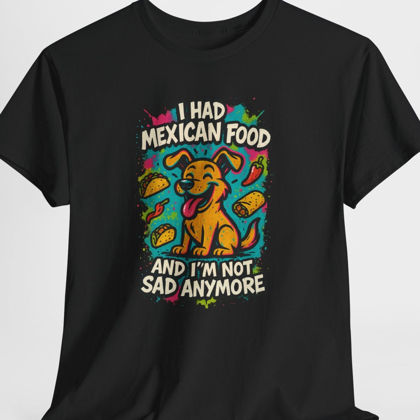 Black t-shirt with colorful graphic and text on a white background