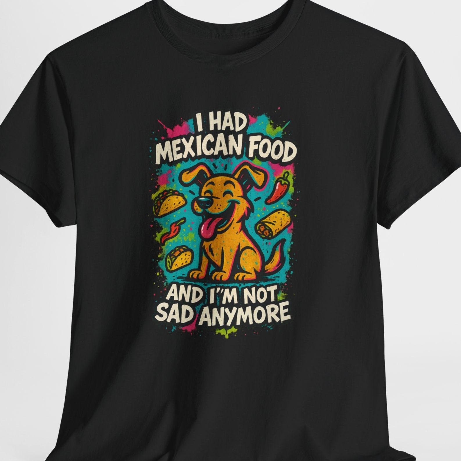 Black t-shirt with colorful graphic and text on a white background