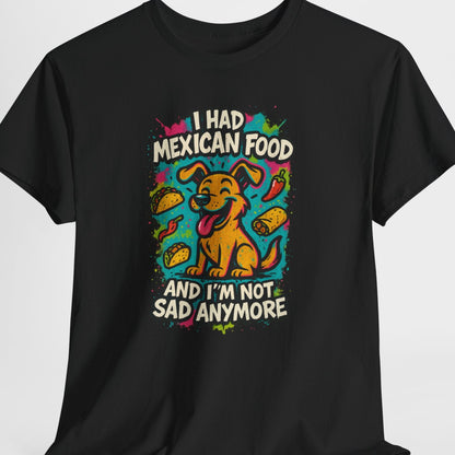Black t-shirt with colorful graphic and text on a white background