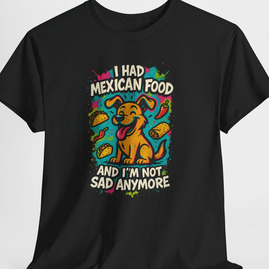 Black t-shirt with colorful graphic and text on a white background