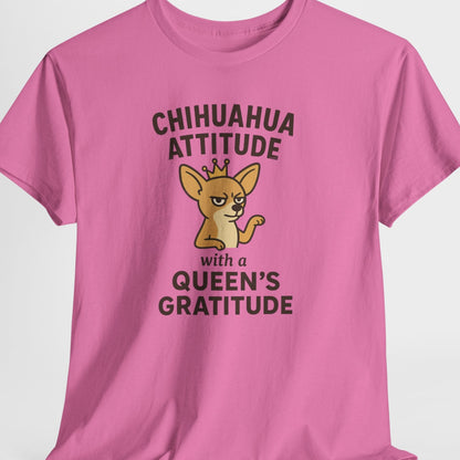 Pink t-shirt with a chihuahua graphic and text on a white background